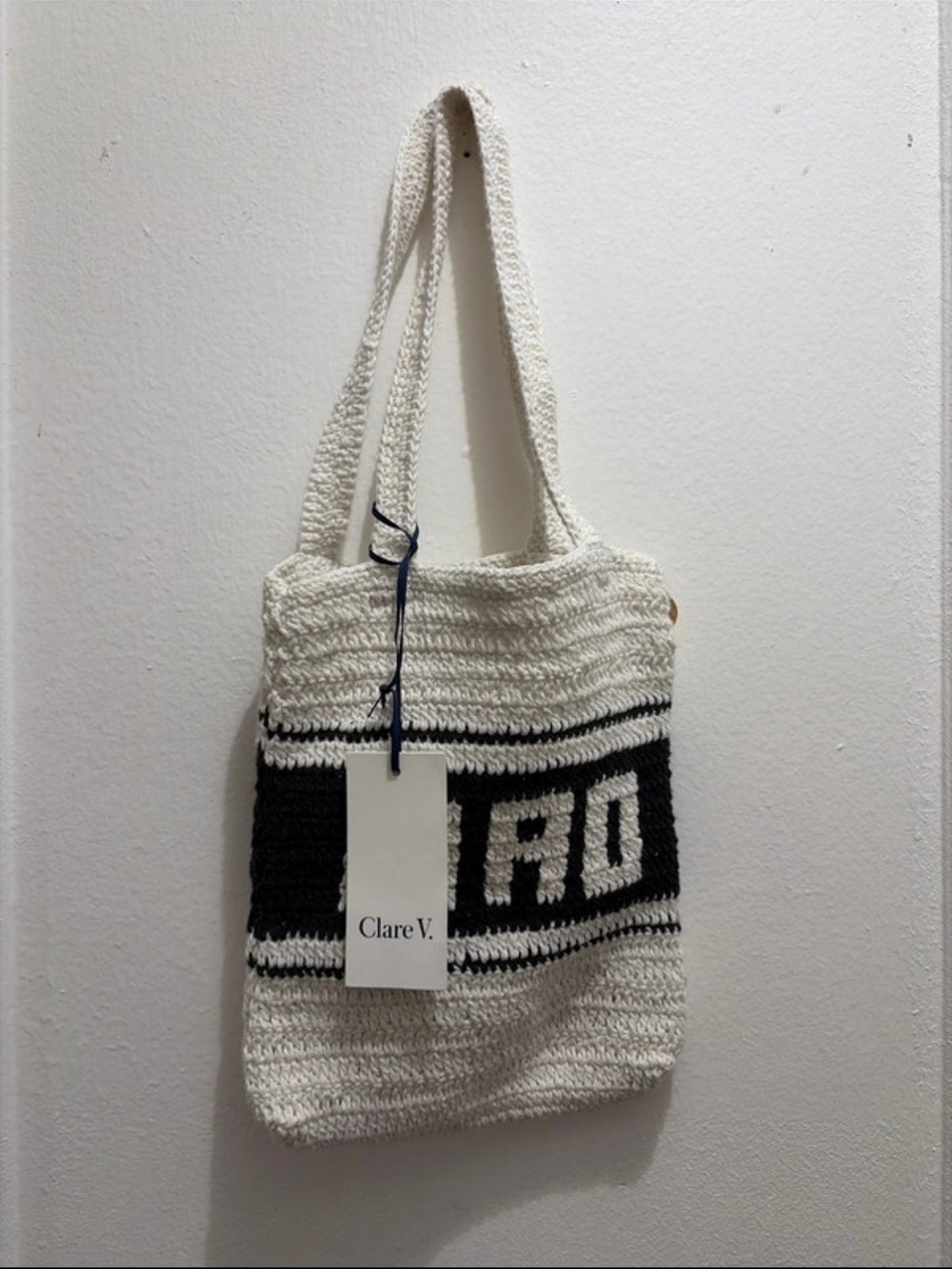Clare V White and Black Crochet Logo Tote